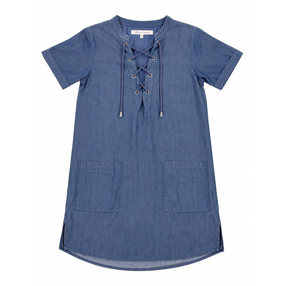 Lovers + Friends Dress XS Blue Chambray Lace Up Shift Nautical Coastal‎ Chic